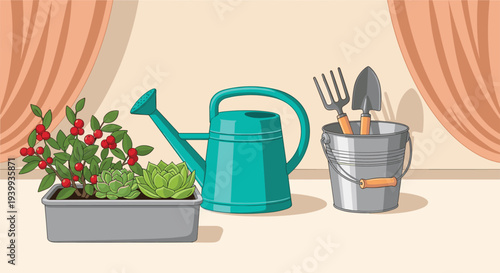 Gardening setup featuring a blue watering can a bucket with tools and various plants in a gray planter box.