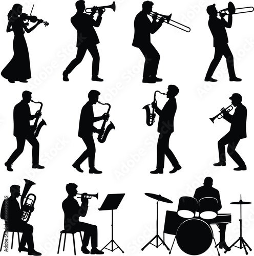 Musician silhouettes set with jazz band and classical performers playing violin trumpet saxophone trombone and drums isolated black vector