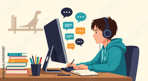 Young person sitting at a desk using a computer with digital chat bubbles representing communication and social networking.