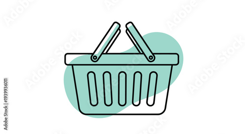Minimalist line art icon of a plastic shopping basket with handles against a light green decorative circle background.