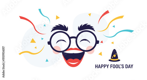 Happy fools day greeting card featuring a laughing face with glasses, confetti, and a small party hat on white.