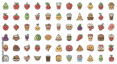 Large collection of small and cute cartoon food icons including fruit, vegetables, drinks, sweets, and savory snacks.