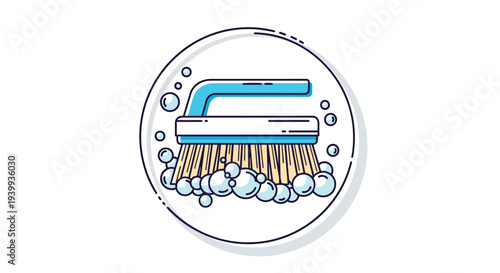 Black and white line icon of a handheld cleaning brush surrounded by soap bubbles for household chores and hygiene.