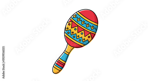 Colorful illustrated icon of a single mexican maraca decorated with traditional patterns for music and celebrations.