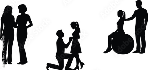 Black silhouette set of people in different life situations including marriage proposal, couple standing together, and physical therapy exercise session.