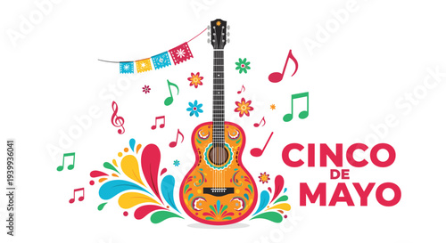 Colorful cinco de mayo celebration background with a decorated mexican guitar, musical notes, and floral patterns.