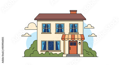Detailed illustration of a cozy two-story suburban house with a brown roof, orange door, and green bushes outside.