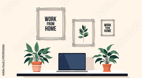 Minimalist workspace with a laptop on a white desk, two potted plants, and framed artwork saying work from home.