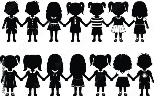 Children silhouettes holding hands, friendship unity, diverse kids, community togetherness, playful childhood, inclusivity theme, vector illustration, black icons, design element