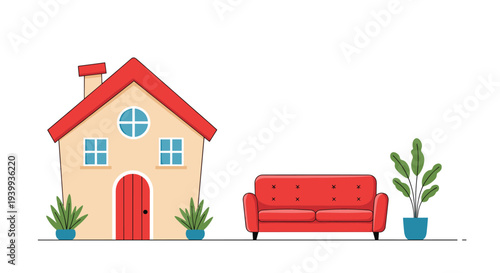 Cozy domestic scene featuring a cute tan house with a red roof next to a red sofa and a potted green indoor plant.