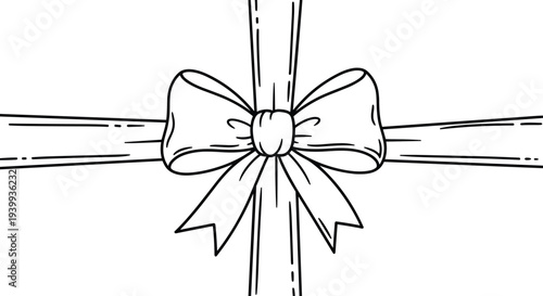 Simple black and white line art drawing of a classic decorative ribbon bow on a wrapped gift box from a top view.