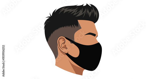 Side profile illustration of a man with a stylish haircut wearing a black protective face mask for health and safety.