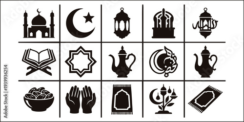 Set of black silhouette Islamic Ramadan vector icons and elements.