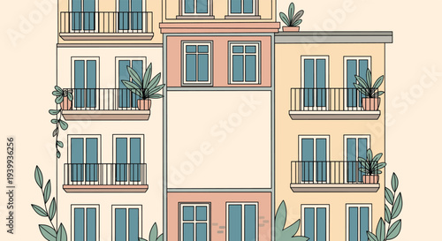 Detailed illustration of a multi-story city apartment building facade with many balconies and potted green plants.