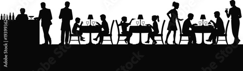 Restaurant interior silhouette set with people dining at tables, waiters serving guests and bar counter scene vector illustration isolated