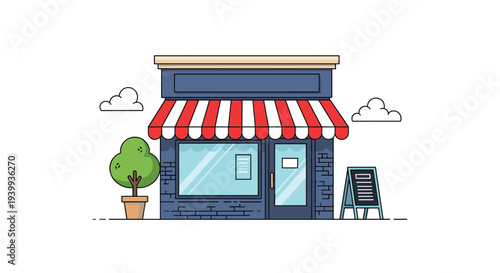 Charming blue storefront with a red and white striped awning a potted tree and a sidewalk sign board on a sunny day.