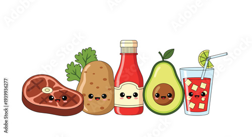 Collection of cute kawaii food characters including steak potato ketchup avocado and a spicy tomato juice cocktail.