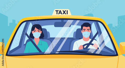 View through the windshield of a yellow taxi with the driver and a female passenger both wearing protective face masks.