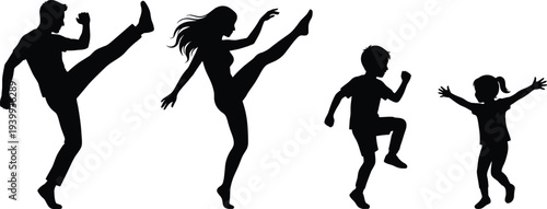 Family silhouettes, man high kick, woman high kick, boy jumping, girl playing, energetic poses, vector illustration, black icons, activity design, motion