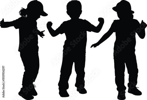 Children silhouettes standing, playful kids, joyful childhood, thumbs up boy, flexing arms child, hat kid pose, fun gesture, vector illustration, black icons, design element