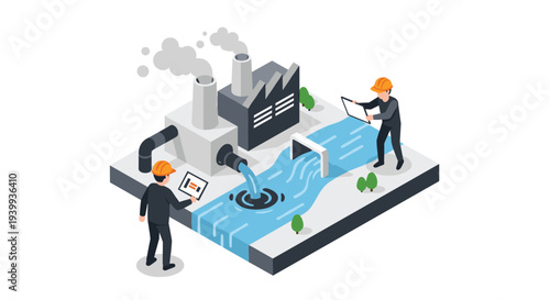 Two workers in hard hats are inspecting a factory discharging wastewater into a river with smoking chimneys, Generative AI.