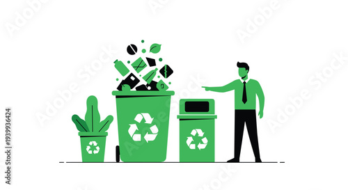 A man in a green shirt is pointing at two overflowing green recycling bins filled with various waste items, Generative AI.