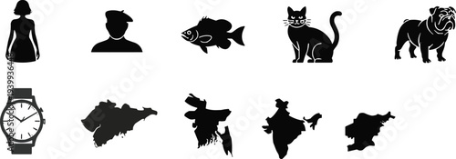Silhouette icons of man, woman, cat, bulldog, fish, wristwatch, India map, South Asia countries, vector illustration, black design