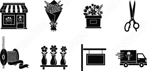 Black flower shop icon set featuring floral boutique storefront, rose bouquet, potted plants, gardening scissors, ribbon spool, hanging signage, and delivery truck silhouette vectors.