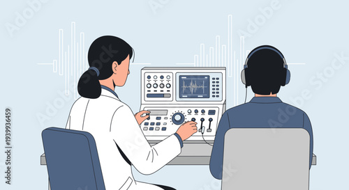 Audiologist performs hearing test on patient with headphones using audiometer in clinic