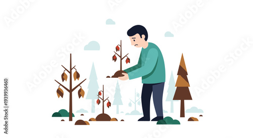 A sad man in a teal sweater is holding a small dead sapling in a desolate forest with withered trees, Generative AI.