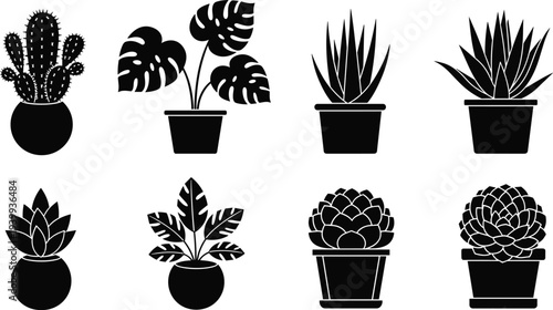 Black silhouette houseplant icon set featuring monstera deliciosa cactus succulents and potted indoor plants for minimalist home decor botanical gardening and nature graphic design