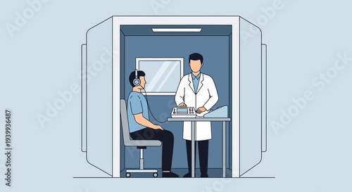 Audiologist tests patient's hearing in soundproof booth with headphones