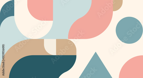 Abstract geometric shapes, including circles, curves, and angles in pastel colors