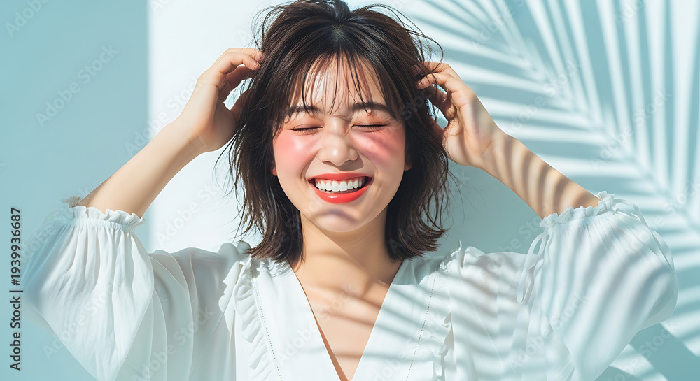 Naklejka premium a joyful young asian woman with closed eyes and a wide smile enjoying summer sun rays with palm leaf shadows against a light blue wall