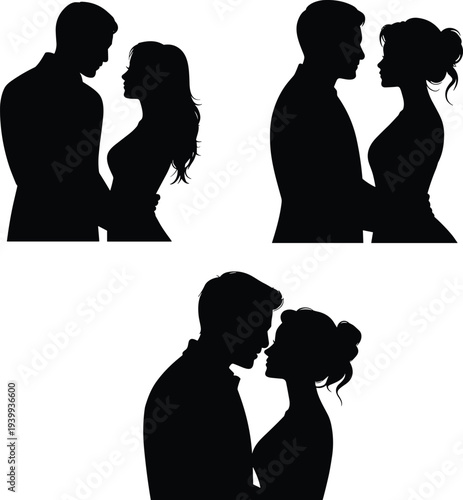 Romantic couple silhouettes embracing, love relationship vector illustration, intimate pose artwork for Valentine’s Day, romance, passion, affection, connection