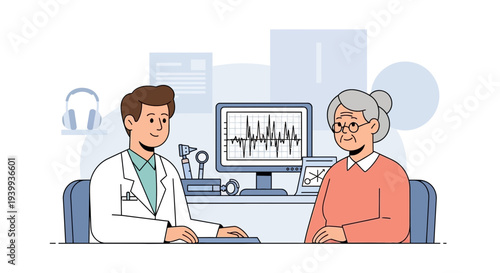 Doctor consulting with elderly patient about hearing test results on monitor