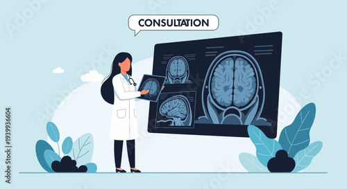 Doctor Consults Brain Scan Images, Medical Consultation and Diagnosis Concept