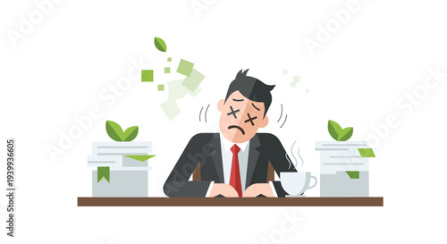 An exhausted businessman with crossed eyes is slumped over a desk surrounded by paper stacks with green leaf bookmarks and a coffee cup, Generative AI.