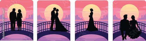 Romantic couple silhouettes on bridge at sunset with mountains, water reflection, love story vector illustration in four panels