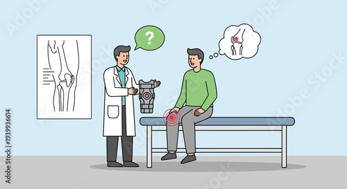 Doctor Consults Patient About Knee Pain and Brace in Medical Office