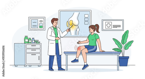 Doctor Consults Patient About Knee Pain, Showing Joint Anatomy on Screen
