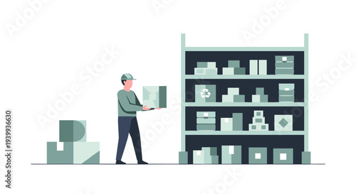 A male warehouse worker wearing a green cap is carrying a large cardboard box in front of a tall shelving unit filled with stacked boxes, Generative AI.