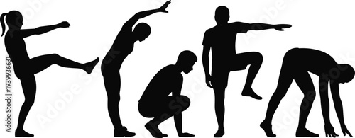 Silhouette people exercising, fitness poses, stretching, balance workout, squat exercise, hamstring stretch, vector illustration, black icons, healthy lifestyle, activity design