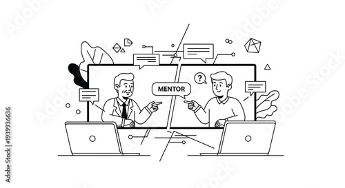 Two men are participating in a virtual mentorship session on split screens exchanging dialogue and pointing at each other, Generative AI.