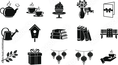 Collection of cozy lifestyle and garden icons featuring teapot cupcakes books birdhouse and park benches for hygge autumn leisure and home comfort vector designs