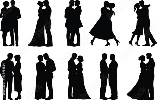 Romantic couples silhouettes vector illustration, affectionate embrace artwork with formal attire, love relationship design for Valentine’s Day themes