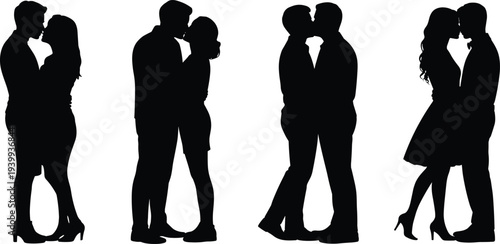 Romantic kissing couples silhouette set, lovers embracing and kissing in various poses, isolated black vector illustration for wedding Valentines design