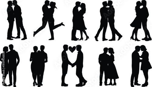 Romantic couples silhouettes vector illustration, affectionate embrace artwork with love symbols, intimate relationship design for Valentine’s Day themes
