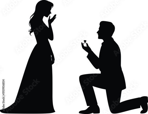 Romantic marriage proposal silhouette of man kneeling with ring to woman, isolated black vector illustration for engagement wedding design