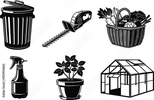 Detailed black and white gardening vectors featuring a trash can hedge trimmer vegetable basket spray bottle potted plant and greenhouse isolated on white background